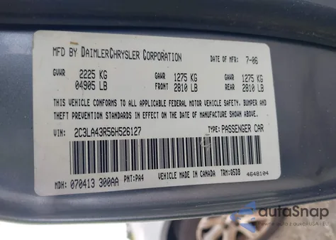 2006 Chrysler 300 z USA, uszkodzony, nr VIN 2C3LA43R56H526127